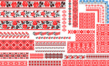 Set Of 30 Editable Colorful Seamless Ethnic Patterns For Embroidery Stitch. Floral And Geometric Ornaments.