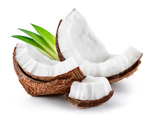Wall Mural - Coconut slice. Coco pieces isolated on white. Coconut with leaves.