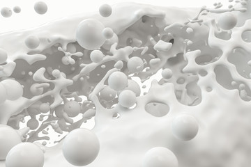 Canvas Print - Purity splashing milk with flying spheres, 3d rendering.