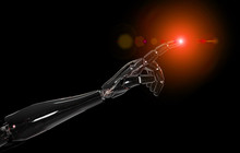Black And Red Intelligent Robot Cyborg Arm Pointing Finger On Dark 3D Rendering
