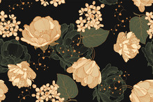 Floral Vintage Seamless Pattern With Roses, Tulips And Lilac. Hand Drawing, Vector Illustration.