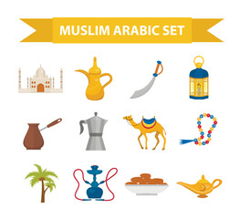 Muslim arabic flat icon set, cartoon style. Collection of arabic design elements with camel, rosary, mosque, hookah, lantern. Vector illustration