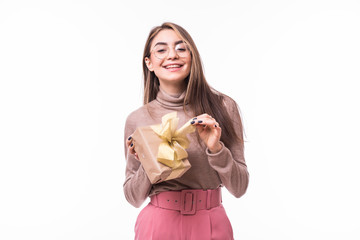 Wall Mural - Smiling woman hold gift box isolated white background.