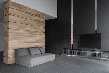 Wooden living room with TV and sofa