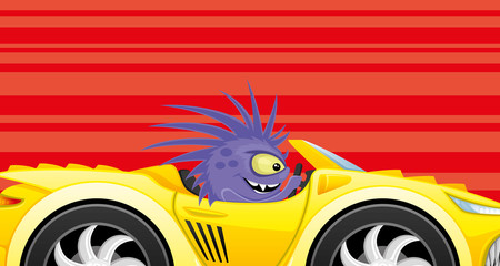 Poster - Bright horizontal illustration with a monster in a sport car on a red background.