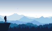 Realistic Illustration Of Mountain Landscape With Coniferous Forest Under Blue Sky With Flying Birds. Lonely Hiker Standing On Top And Looking Into Valley, Vector