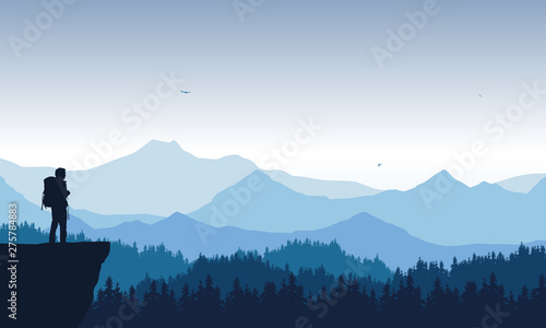 Fotografía realistic illustration of mountain landscape with coniferous forest under blue sky with flying birds