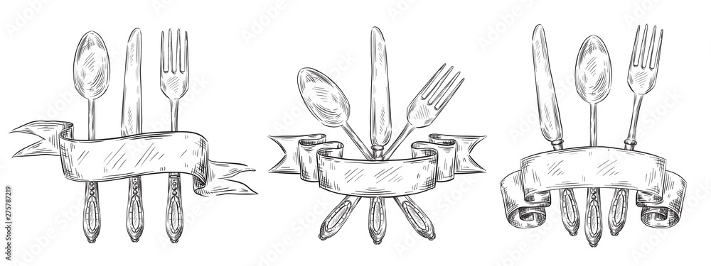 Cutlery with ribbon. Vintage table setting engraving, hand drawn fork, knife and food spoon sketch. Silverware restaurant eat teaspoon ink logo doodle. Vector isolated icons illustration set - obrazy, fototapety, plakaty 