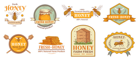 Honey badge. Natural bee farm product label, organic beekeeping pollen and bees hive emblem badges. Beehives logo, honeycomb tag or bumblebee wasp bee wax insignia. Isolated vector illustration set