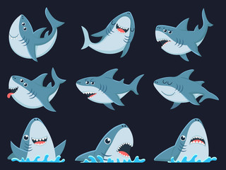 Ocean shark mascot. Scary sharks animals, smiling jaws and swimming shark. Underwater marine monster, big sea shark creatures character. Cartoon vector illustration isolated icons set