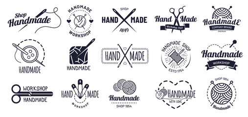Wall Mural - Handmade badges. Hipster craft badge, vintage workshop labels and handcraft logo. Logotype workshop, hand made craft insignia tag or authentic ink sticker. Isolated icons vector illustration set