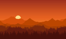 Realistic Illustration Of Mountain Landscape With Coniferous Forest Under Red Morning Or Evening Sky With Orange Rising Or Setting Sun And Space For Text, Vector