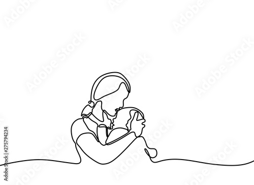 Continuous One Line Drawing Of Baby Born And Mother Minimalist