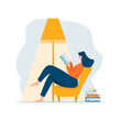 © olhakostiuk - Young adult woman reading book relaxing sitting in chair under lamp and stack of books. Cartoon female character reclining on sofa and having rest at home