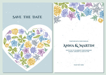 Wall Mural - Wedding invitation card with pastel bellflower, edelweiss, globethistle, globeflower, meadow geranium, gentiana