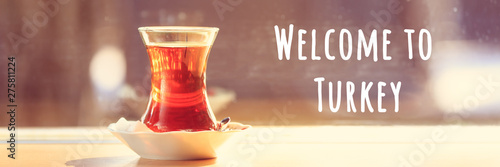 Hot Turkish Tea Outdoors Near Glass Wall Turkish Culture Concept