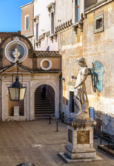 Wall Mural - Statue of Archangel Michael in Castel Sant'Angelo, Rome, Italy. Beautiful Renaissance marble sculpture. Old Sant'Angelo is a famous landmark of Rome. Medieval architecture and art of Rome.