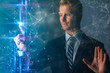© whyframeshot - double exposure of elegant smart businessman hand touch digital technology screen data with light filter effect creativity ideas concept