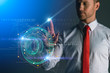 © whyframeshot - smart caucasian businessman hand point hologram of 3d gear with virtual reality business technology ideas concept