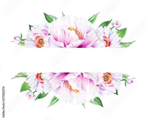 Beautiful white peony frame. Bouquet of flowers. Floral print. Marker drawing...