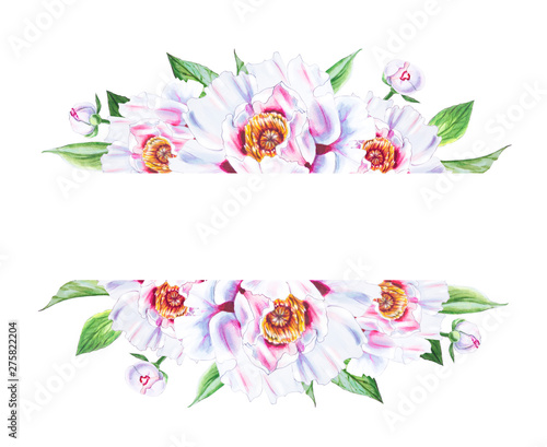 Beautiful white peony frame. Bouquet of flowers. Floral print. Marker drawing...