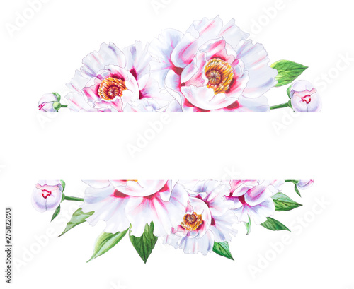 Beautiful white peony frame. Bouquet of flowers. Floral print. Marker drawing...
