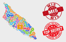 Secure Aruba Island Map And Stamps. Red Rounded Top Secret And Mi5 Distress Watermarks. Colored Aruba Island Map Mosaic Of Different Security Items. Vector Composition For Security Purposes.