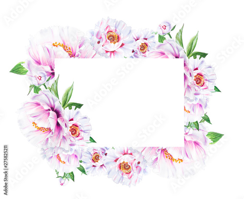 Beautiful white peony frame. Bouquet of flowers. Floral print. Marker drawing...