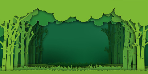 Paper art and digital craft style of Eco green nature background, forest plantation as ecology and environment conservation creative idea concept. Vector illustration.