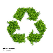 Recycle Icon From Green Grass Isolated On White Background. Recycling Of Garbage Icon With The Green Lawn Texture. Ecology Symbol Collection. Vector Illustration