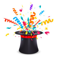 Black Cylinder Hat With Red Ribbon Isolated On White Background. Magic Hat With Surprise Confetti Explosion. Fun Trick For Holiday. Scattering Colorful Confetti. Abstract Vector Illustration