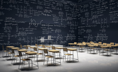 Dark classroom with math formulas