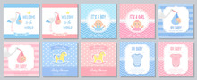 Baby Shower Invitation. Vector. Baby Boy Girl Invite Card. Welcome Template Banner. Blue, Pink Design. Birth Party Background. Set Greeting Posters With Newborn Kid, Stork, Horse. Cartoon Illustration