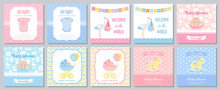 Baby Shower Card. Vector. Baby Girl Boy Invitation. Welcome Invite Template Banner. Blue Pink Design. Birth Party Background. Greeting Posters With Newborn Kid, Stork, Onesie. Cartoon Illustration