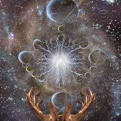 Wall Mural - space spirit. being of light in deep space. fractal of planets and hands of creator