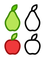 Wall Mural - Colorful icons of Pear and Apple and their Contours - Vector line art illustrations on white background isolated.