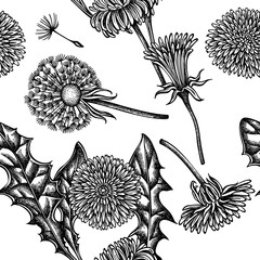 Seamless pattern with black and white dandelion