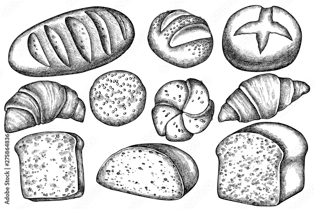 Vector set of hand drawn black and white buns and bread, croissants and ...