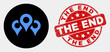 © Evgeny - Rounded map markers icon and The End seal stamp. Red rounded distress seal stamp with The End caption. Blue map markers symbol on black circle. Vector combination for map markers in flat style.