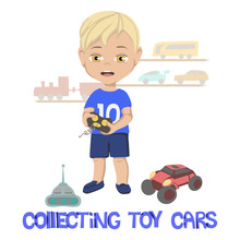 Illustration Of Little Boy Standing In Front Of Miniature Trains And Cars On Wall And Next To Toys On Floor. Vector Illustration.