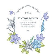 Wall Mural - Badge design with pastel edelweiss, meadow geranium, gentiana