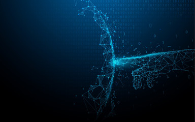 Fototapete - Hand touching global network connection and data from lines, triangles and particle style design. Illustration vector