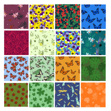 Set Of Flower Seamless Patterns With Butterflies, Dragonflies, Ladybirds, Flowers. Vector Templates For Fabrics, Wrapping Paper And Other.
