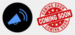 Rounded megaphone sound icon and Coming Soon watermark. Red rounded scratched watermark with Coming Soon caption. Blue megaphone sound icon on black circle.