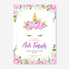 Beautiful Unicorn Card Template With Floral Wreath And Gold Glitter