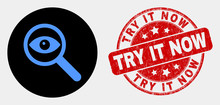 Rounded Investigate Pictogram And Try It Now Seal Stamp. Red Rounded Scratched Stamp With Try It Now Caption. Blue Investigate Icon On Black Circle. Vector Combination For Investigate In Flat Style.