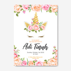 beautiful unicorn card template with floral wreath and gold glitter