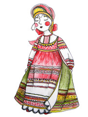 The young woman in traditional russian costume. National Russian clothing Sarafan dress. Isolated and hand drawn