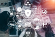 © InfiniteFlow - Cyber Security and Digital Data Protection Concept. Icon graphic interface showing secure firewall technology for online data access defense against hacker, virus and insecure information for privacy.