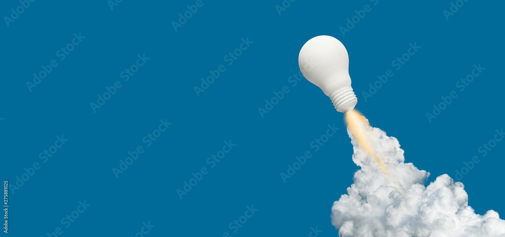 Ideas inspiration concepts with rocket lightbulb on blue background.Business start up or goal to success - obrazy, fototapety, plakaty 